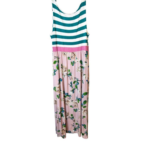 Égs  1XL Tank-Style Maxi Dress Green Striped & Pink Floral Print Side Pockets - Picture 2 of 4